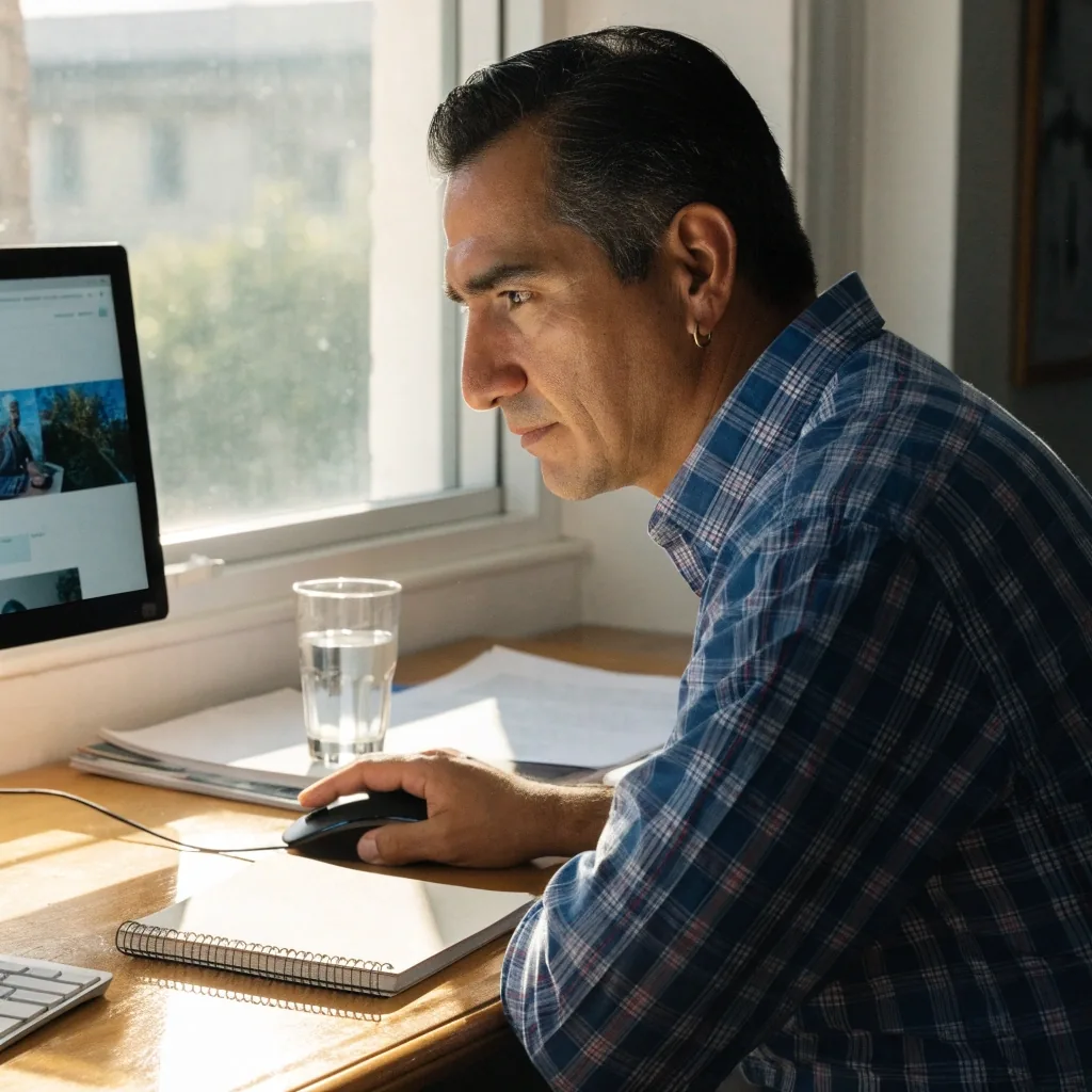 Hombre revisando información en línea desde una computadora en un espacio de trabajo luminoso