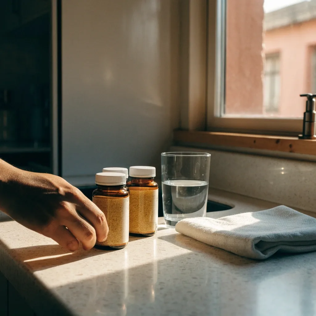 Rincón tranquilo de un hogar con frascos de vitaminas ordenados y luz de tarde