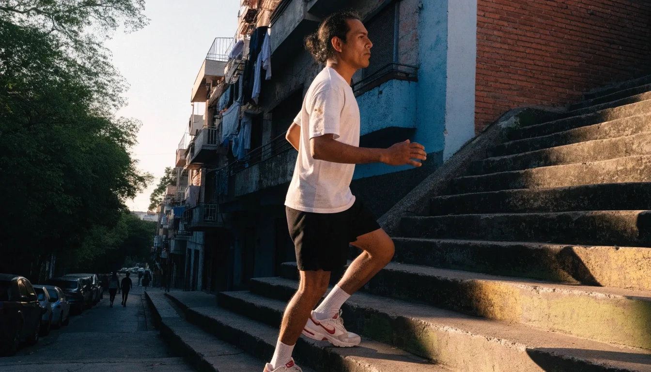 Hombre subiendo escaleras al aire libre en un barrio de Ciudad de México al atardecer