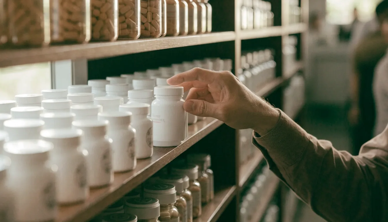 Estante de farmacia con frascos de vitaminas al alcance de la mano