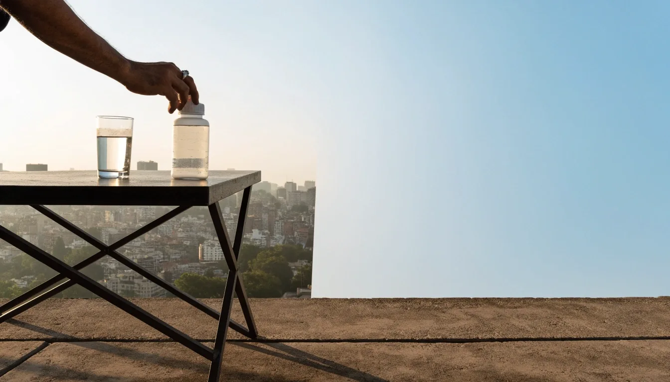 Frasco de suplemento y un vaso de agua sobre un escritorio al atardecer