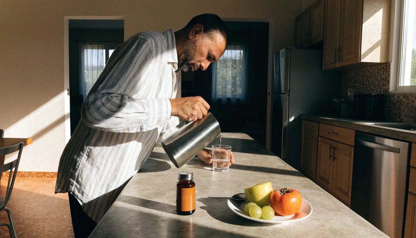 Hombre adulto revisando un frasco de suplemento en su cocina por la mañana