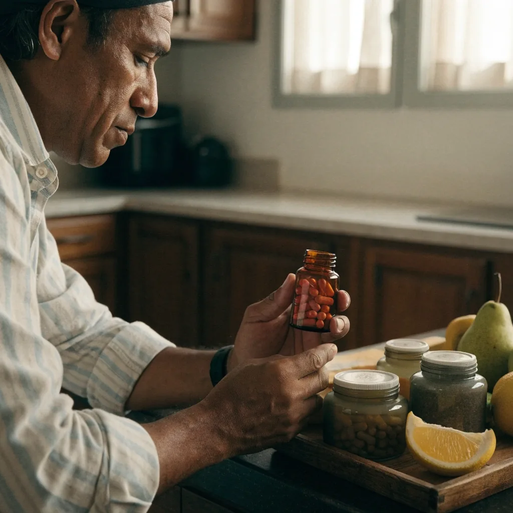 Hombre revisando un frasco de complemento alimenticio sobre la barra de su cocina