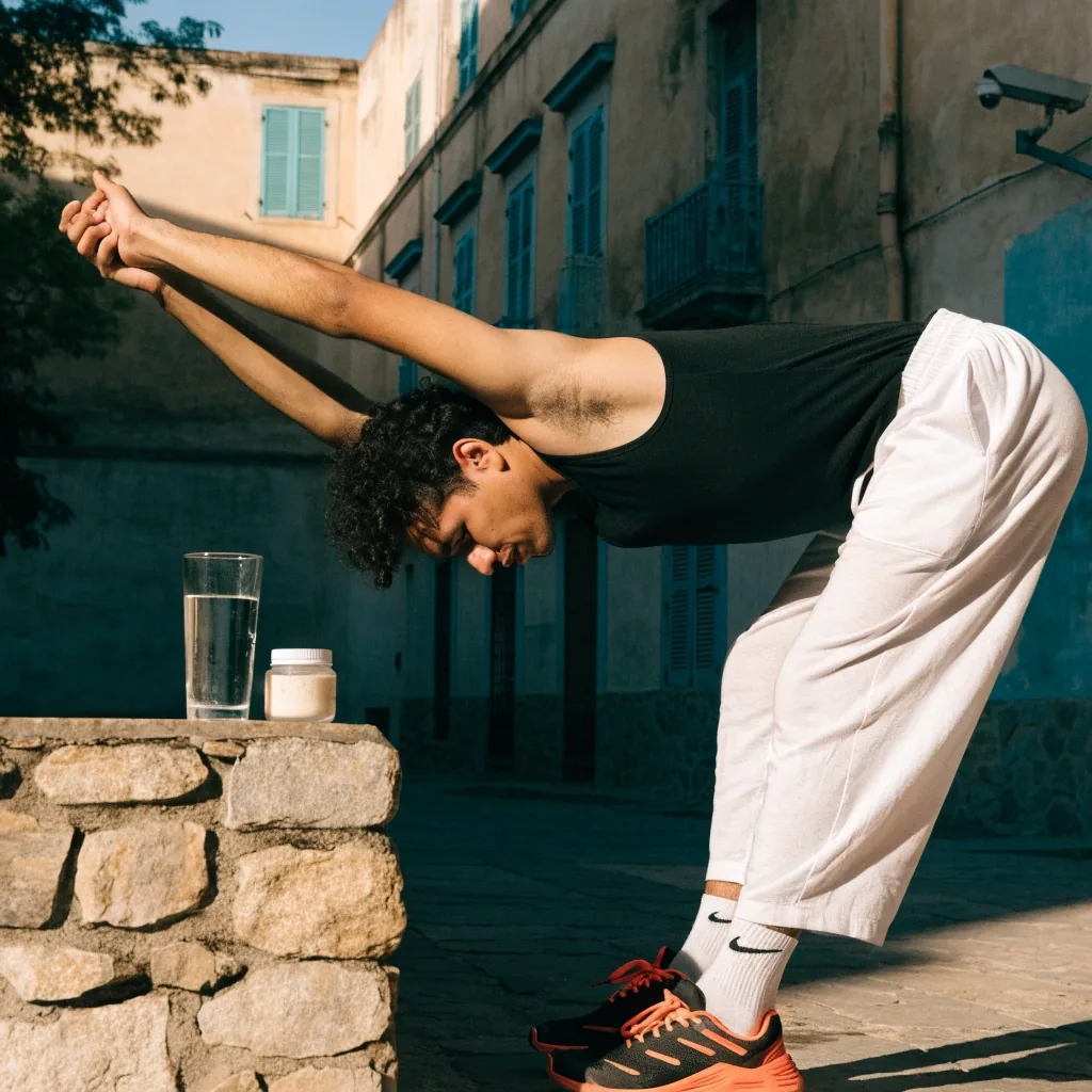 Hombre estirando antes de entrenar en un patio soleado con un vaso de agua cerca