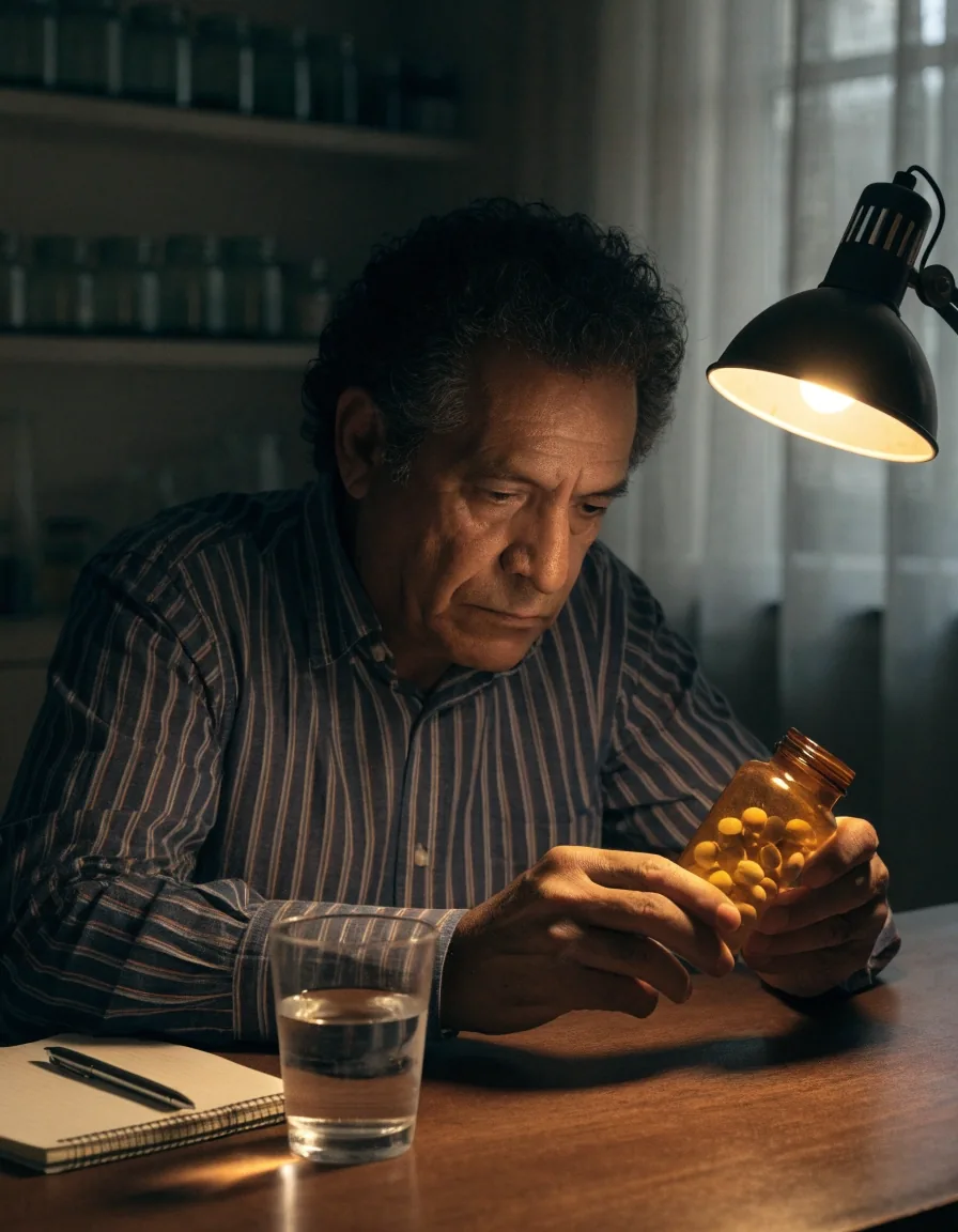 Hombre adulto junto a la barra de su cocina con un frasco de cápsulas y un vaso de agua, luz de mañana
