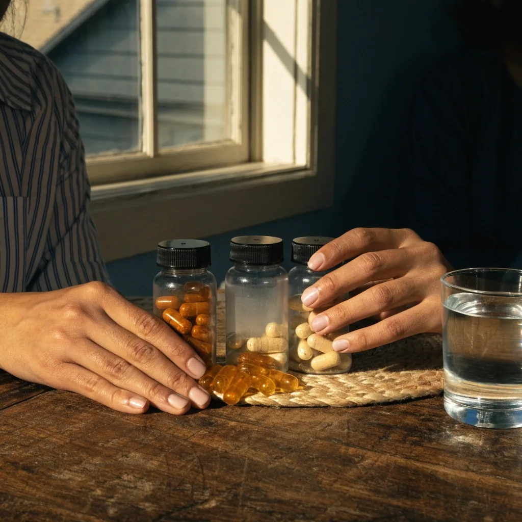 Tres frascos de suplementos sin etiqueta sobre una mesa de madera junto a cápsulas sueltas