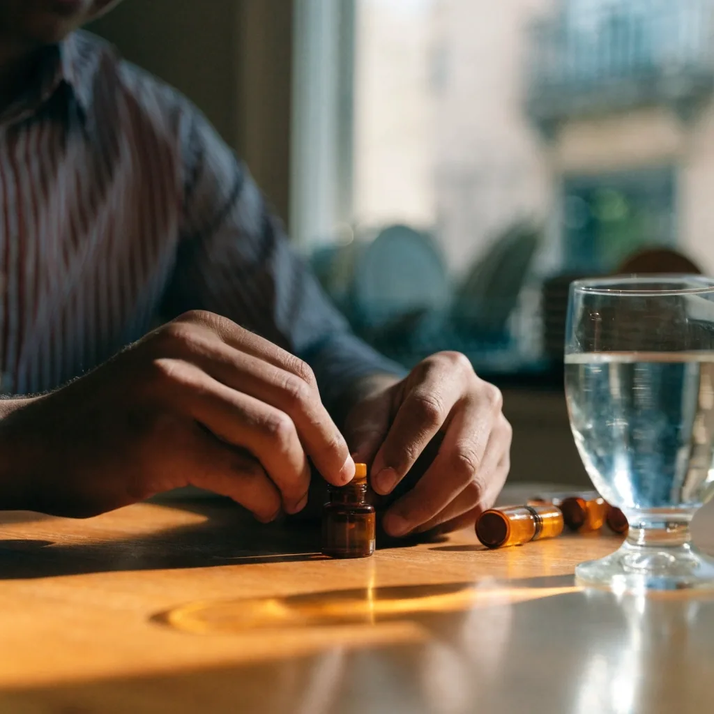 Manos ordenando frascos de suplementos sobre una mesa de madera junto a un vaso de agua
