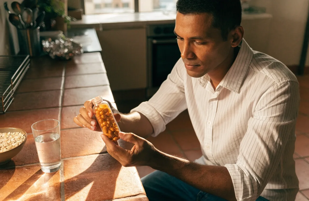 Hombre adulto sostiene un frasco de suplemento sin etiqueta en una cocina iluminada por la mañana
